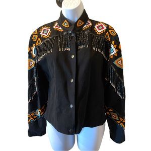Vintage Southwest Native inspired western beaded fringe jacket black turquoise